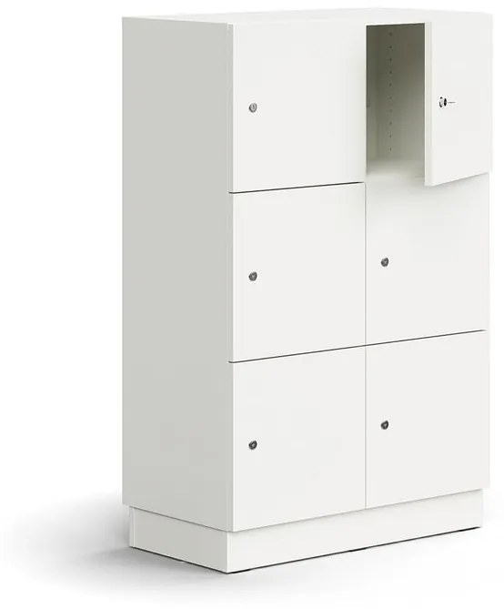 Priehradková skriňa QBUS, 6 uzamykateľných priehradiek, so soklom, 1252x800x420 mm, biela