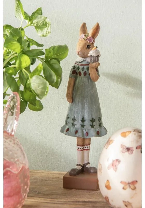 Dekorácia králičia slečna v modrých šatách s tortičkami - 9*8*28 cm