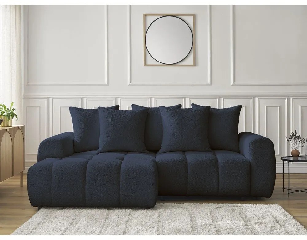 Modrá rozkladacia/s úložným priestorom rohová pohovka z textílie buklé (ľavý roh/s leňoškou) Roxelane – Bobochic Paris