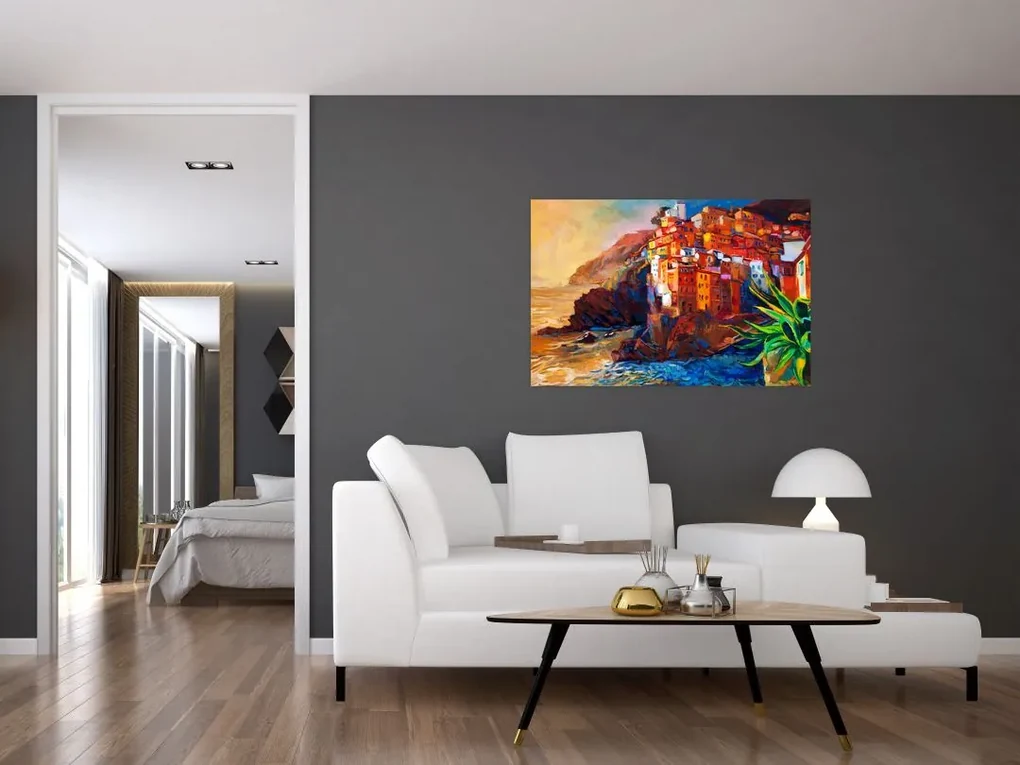 Obraz - Dedina na pobreží Cinque Terre, Talianska riviéra, moderný impresionizmus (90x60 cm)