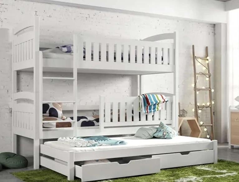 MAXMAX Detská poschodová posteľ z masívu borovice BOHDANA s prístelkou a šuplíky - 200x90 cm - BIELA