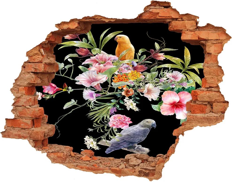 Diera 3D fototapeta nálepka Kvety a vtáky WallHole-cegla-90x70-172830209