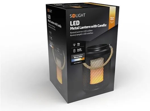 SOLIGHT Kovový lampáš s LED sviečkou, teplá biela, 3xAA, čierna, 20cm