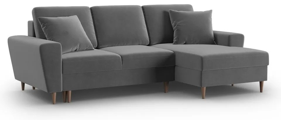 Svetlosivá zamatová rozkladacia/s úložným priestorom rohová pohovka (pravý roh/s leňoškou) Kyoto – Cosmopolitan Design