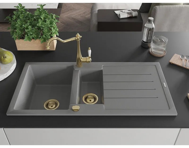Mexen Andres, granitový drez 1000x500x200 mm, 1,5-komorový a drezová batéria Carla, šedá, 6515-71-670700-50