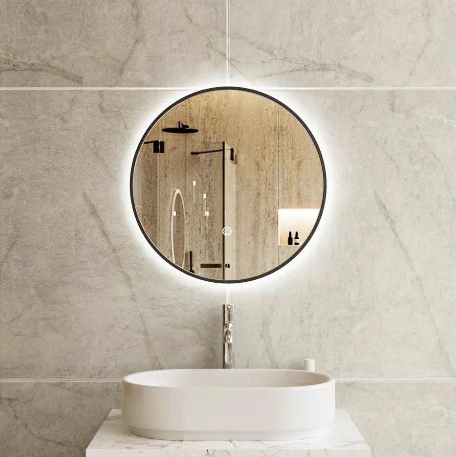 Erga Emma, okrúhle LED zrkadlo 60cm, čierny kovový rám, 1380 lm, 6500K, zadné osvetlenie, ERG-V01-201-6060-BK