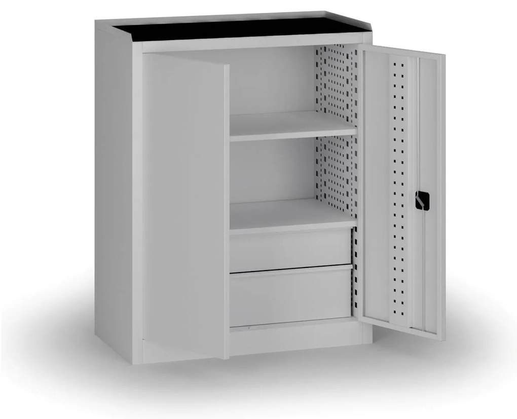 Policová dielenská skriňa 2-dverová, 2 police + 4 zásuvky, 1180 × 950 × 500 mm, sivé dvere