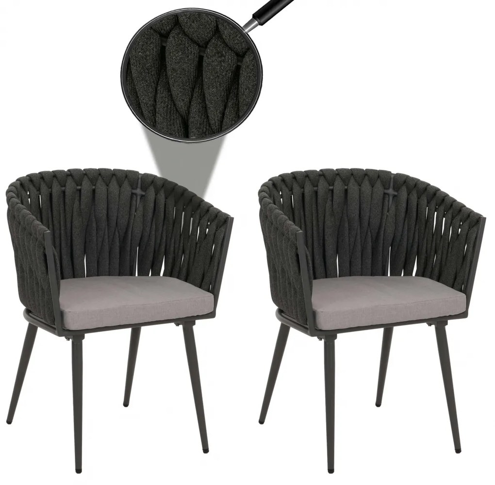 Záhradné stoličky HWC-N38 (SET 2 ks), olefínové lano, antracitové vankúše - svetlo sivá