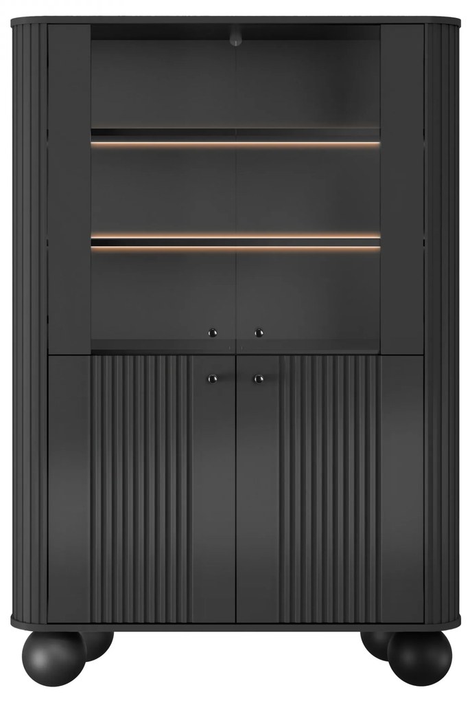 Vitrína Vesper 103 cm štvordverová - čierna / čierne úchytky / guľaté nohy