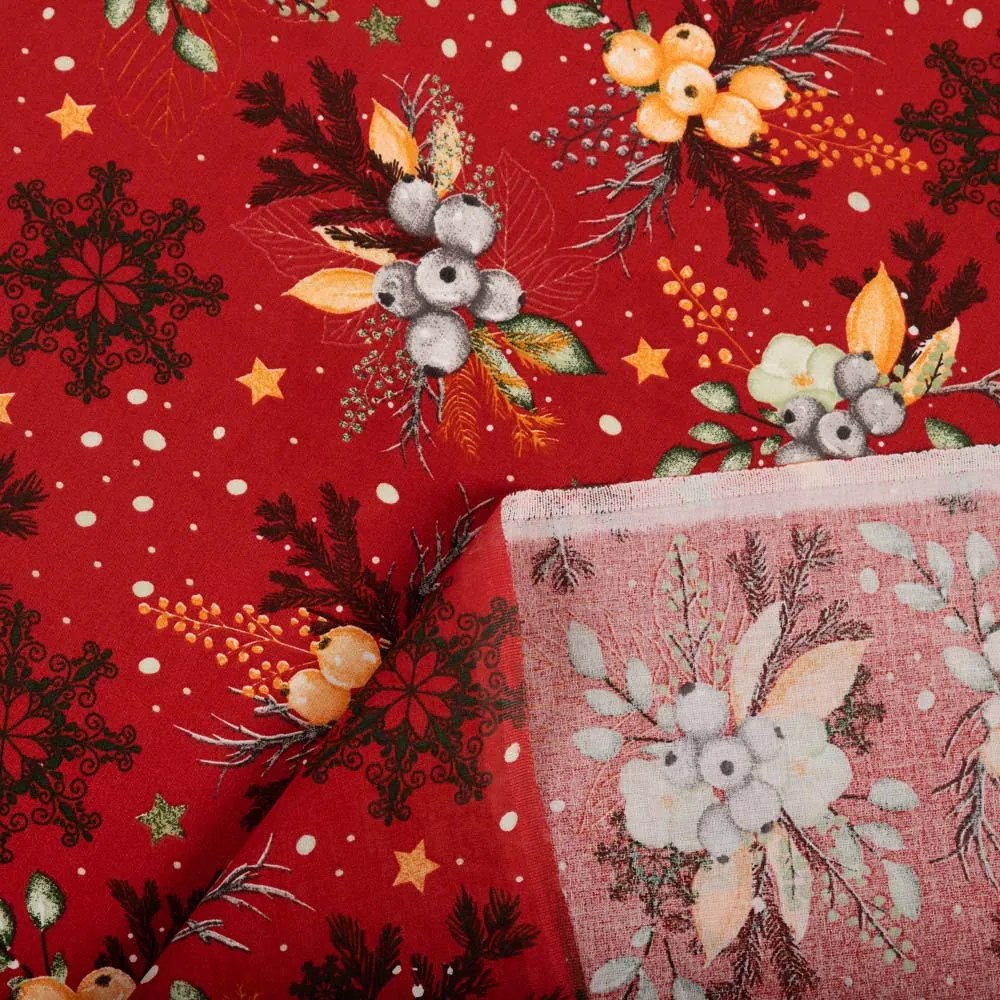 Biante Bavlnený záves Sandra SA-714 Vianočné cezmíny na červenom 150x180 cm