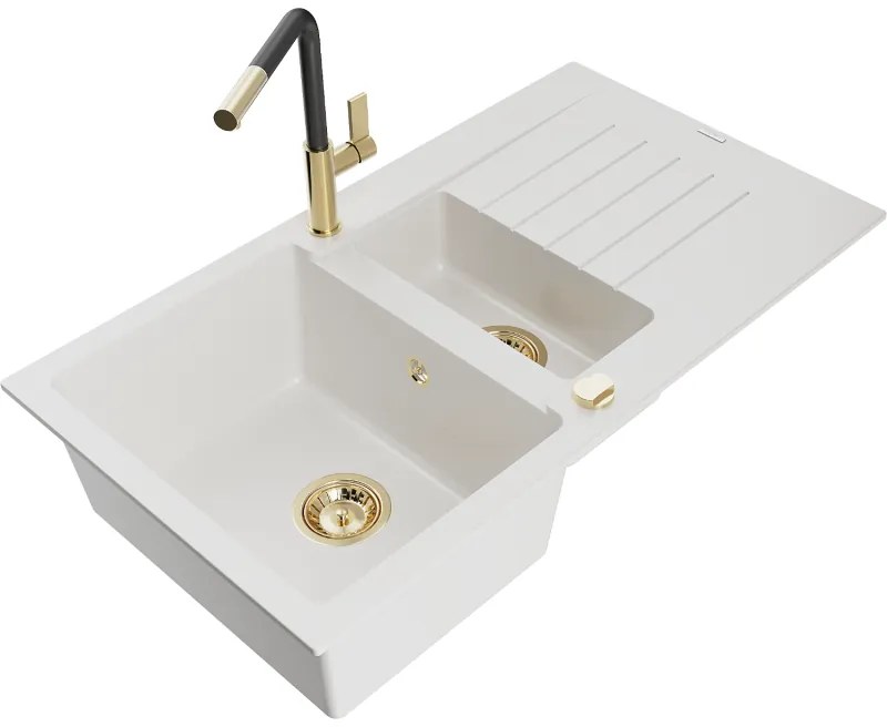 Mexen Matias, 1,5-komorový granitový drez 900x505x200 mm a drezová batéria Flora, biela, 6502-20-670401-57-G