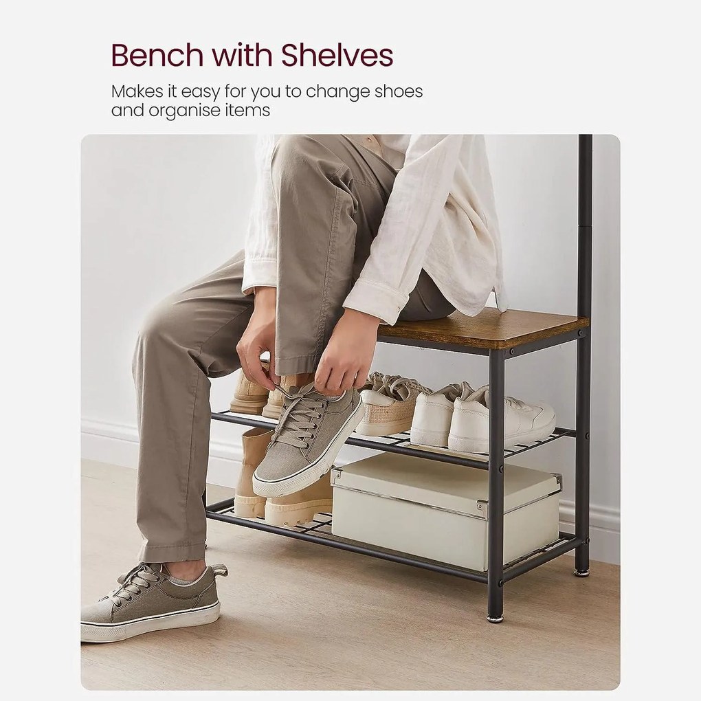 Stojan na kabáty s lavicou na topánky, predsieňová stena, rustikálna hnedá