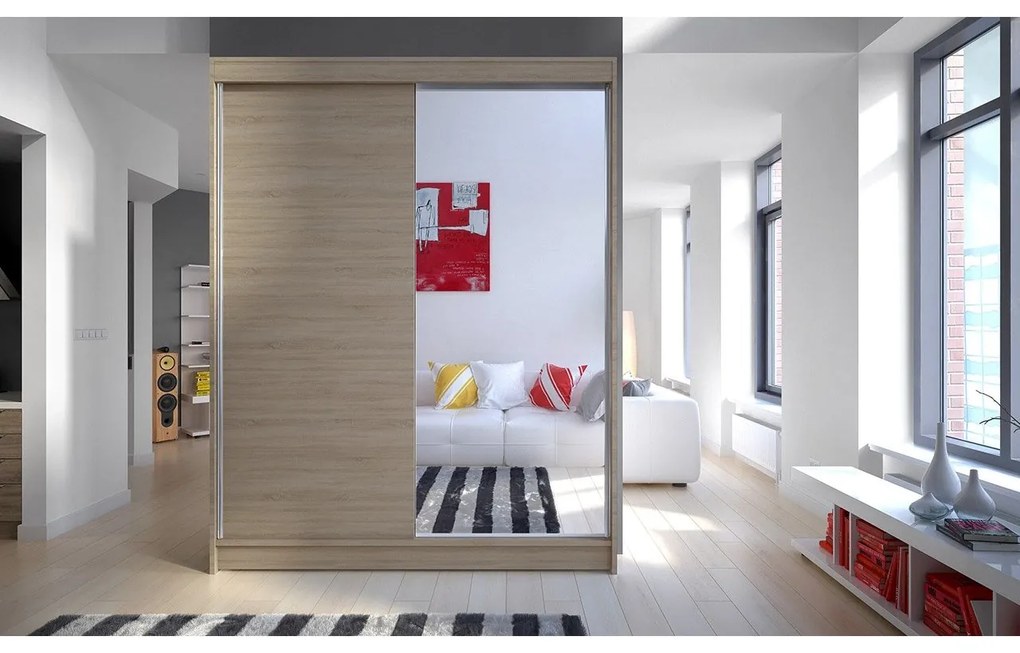 Skriňa s posuvnými dverami Belgia I, Farby: biela / sonoma + zrkadlo, Osvetlenie: osvetlenie LED RGB - farebné