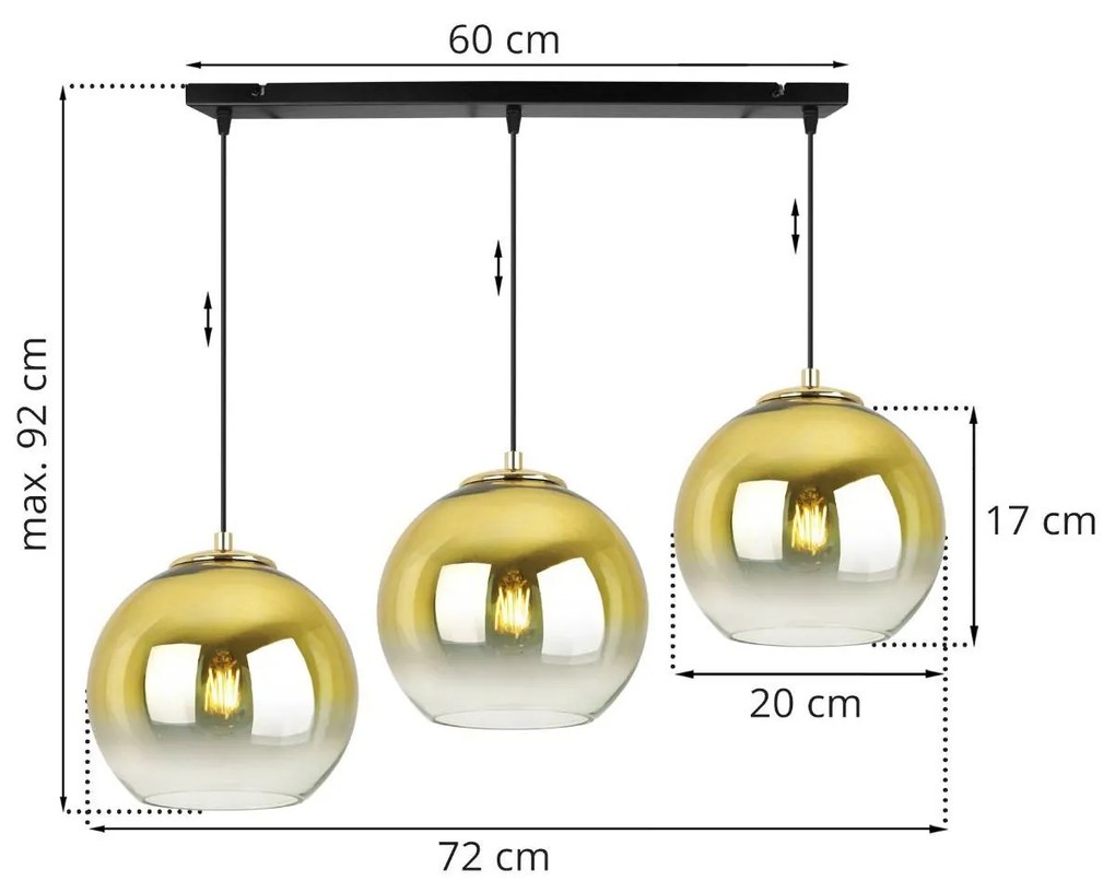 Závesné svietidlo Bergen gold, 3x zlaté/transparentné sklenené tienidlo (fi 20cm)