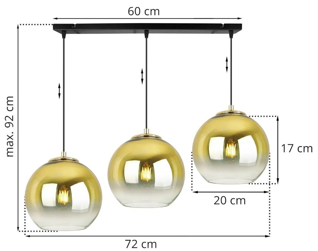 Závesné svietidlo BERGEN GOLD, 3x zlaté/transparentné sklenené tienidlo (fi 20cm)