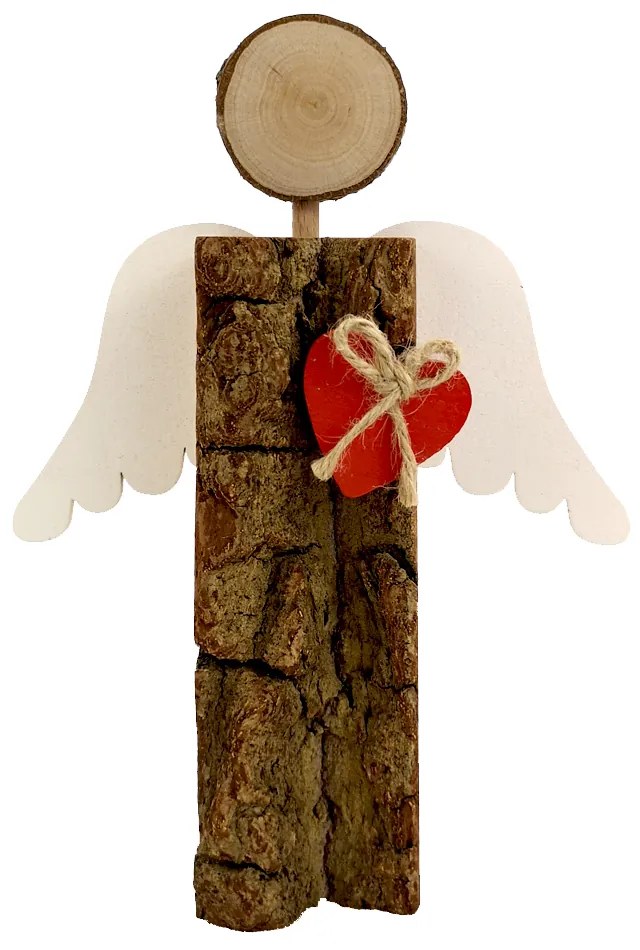 AMADEA Drevený anjel s kôrou s bielymi krídlami a čeveným srdcom, masívne drevo, 16x14,5x3 cm