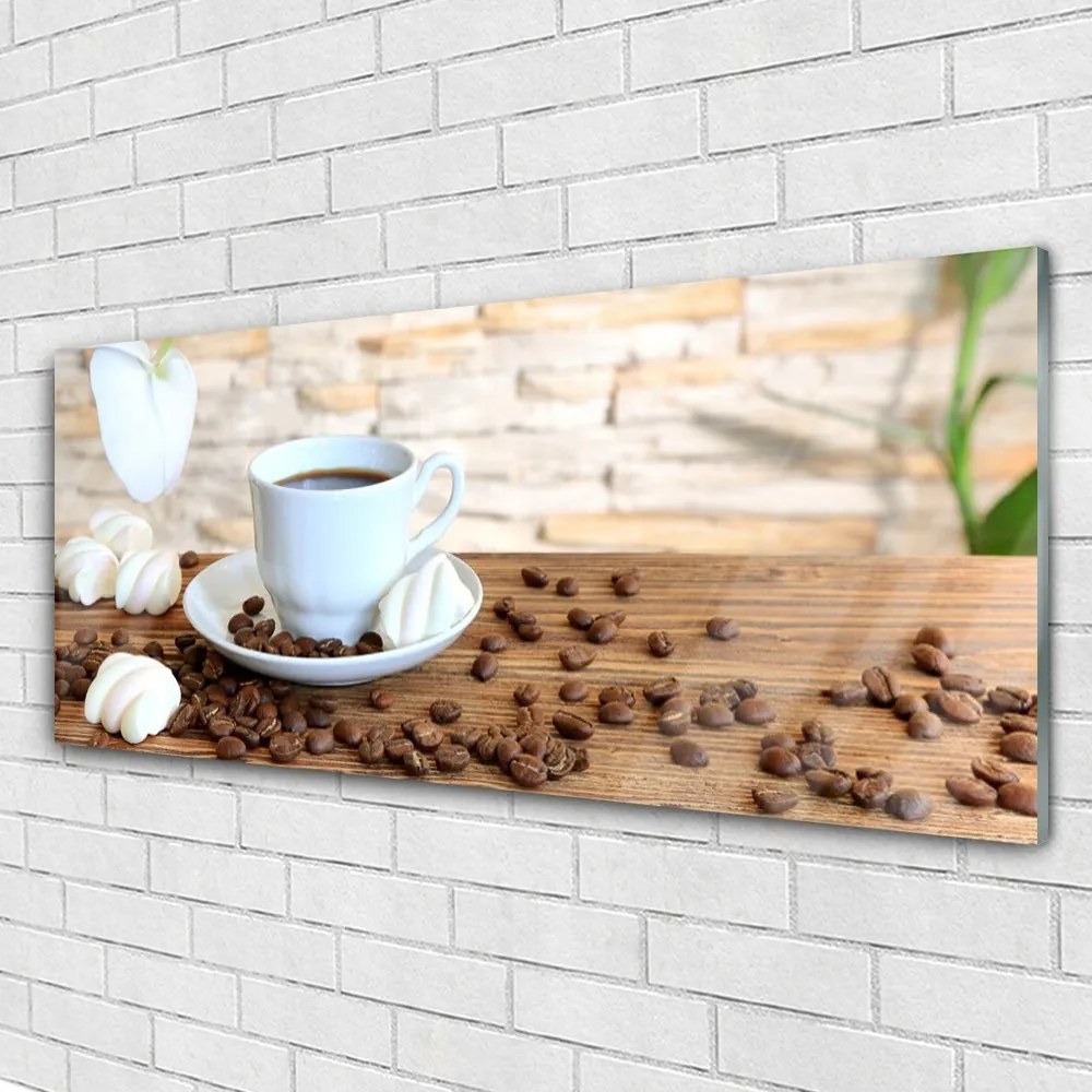 Obraz plexi Hrnček káva zrnká kuchyňa 125x50 cm