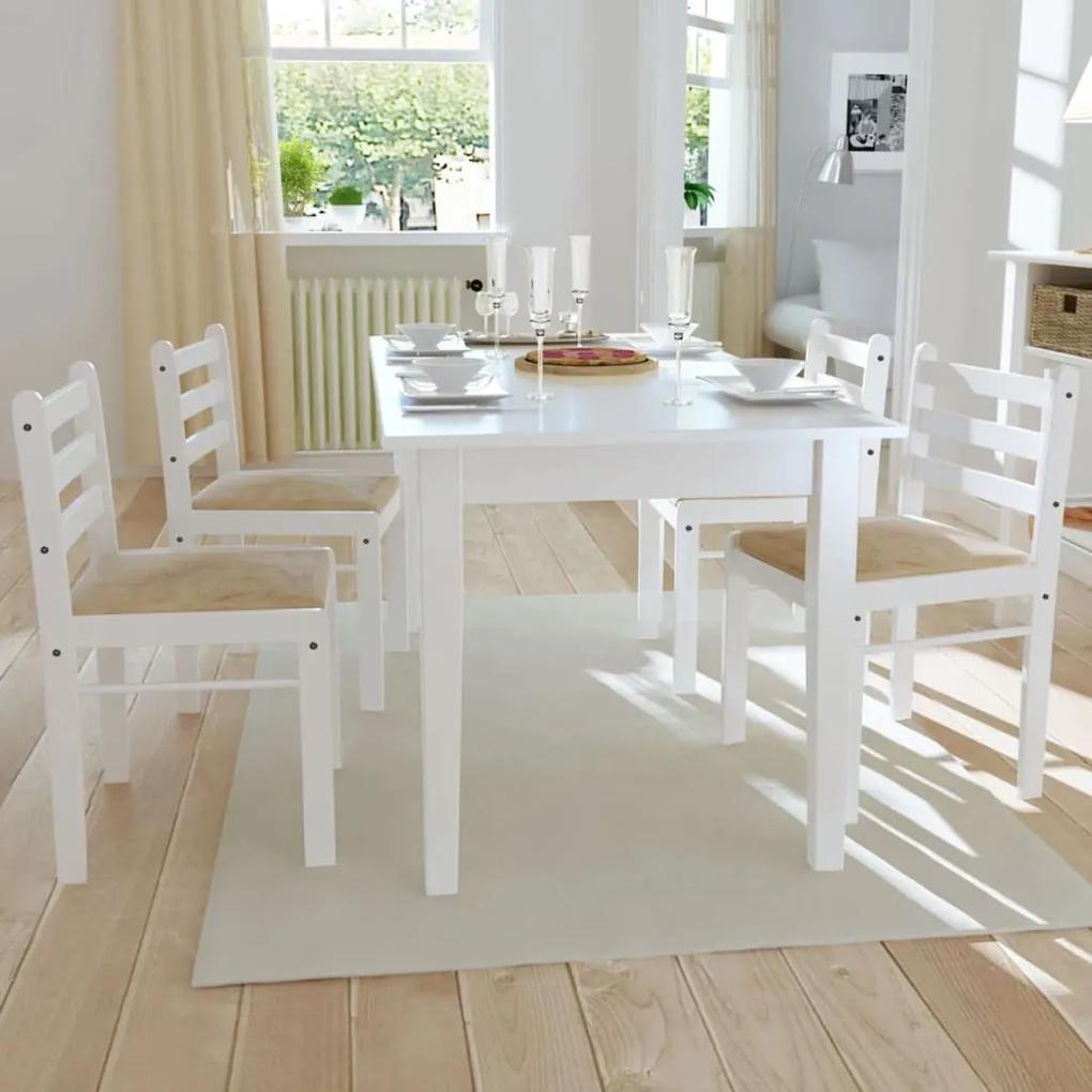 vidaXL Jedálenské stoličky 4 ks, biele, kaučukový masív a zamat