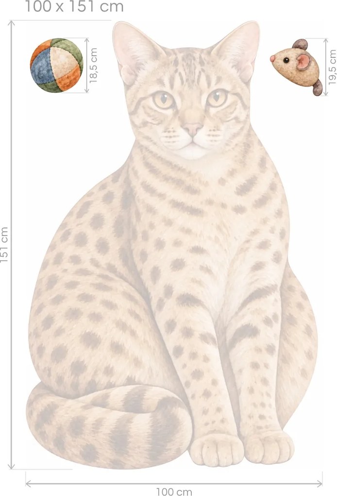 Mačka ocicat s loptičkou a myškou škvrnité mačacie nálepky na stenu do obývačky arch 30 x 46 cm