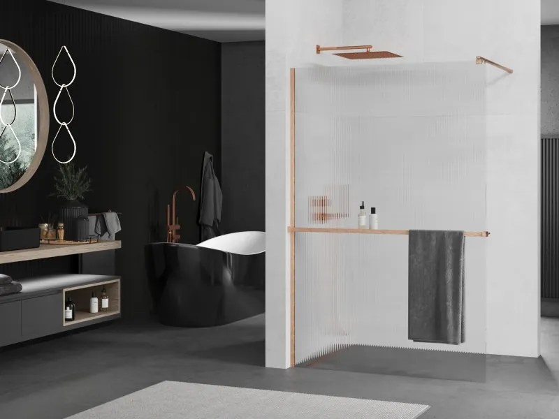 Mexen Kioto+, sprchová zástena Walk-In s poličkou a vešiakom 70 x 200 cm, 8mm sklo s rebrovým vzorom, medený matný profil, 800-070-121-65-09
