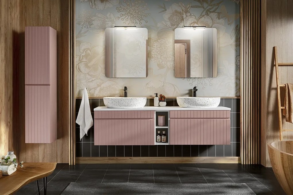 Koupelnová sestava Iconic s deskou, umyvadly, zrcadly a skříňkami 180 cm růžová/bílá
