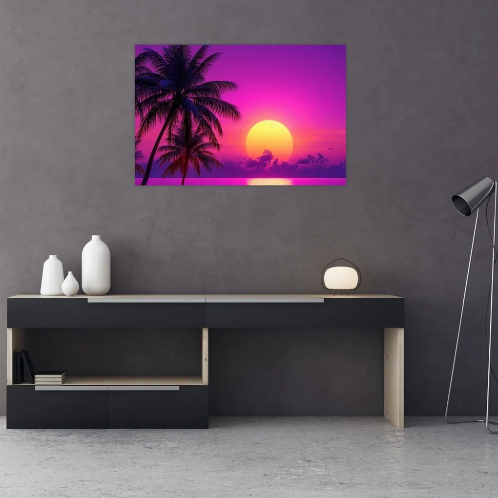 Obraz - Fialový západ s palmou (90x60 cm)