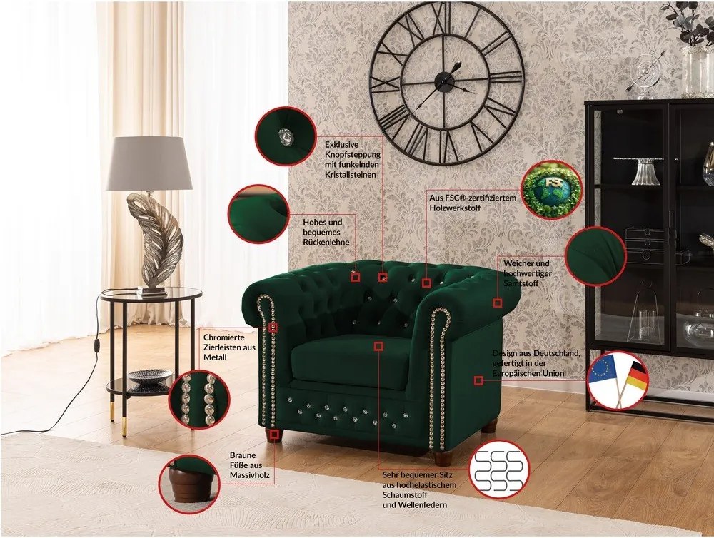 Zelené zamatové kreslo chesterfield York Blik – Ropez