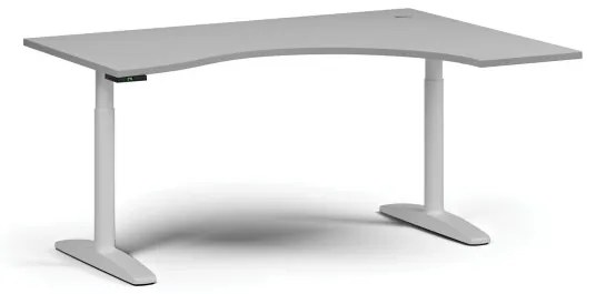Výškovo nastaviteľný stôl OBOL, elektrický, 675-1325 mm, ergonomický pravý, doska 1600x1200 mm, biela zaoblená podnož, sivá