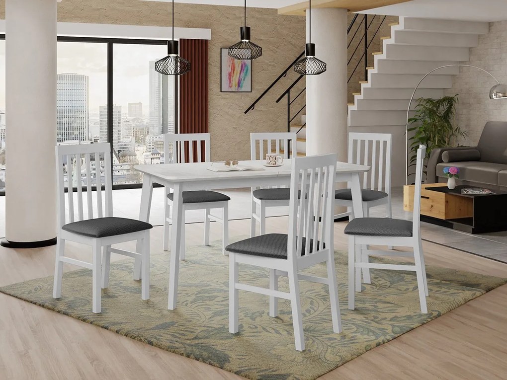 Rozkladací stôl so 6 stoličkami AL16, Morenie: biela, Poťahové látky: Kronos 7, Farby nožičiek: čierna