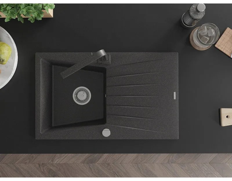 Mexen Cesar, granitový drez 775x470x190 mm, 1-komorový, čierna škvrnitá s chrómovým sifónom a čierna škvrnitá drezová batéria Rita, 6514-76-670300-76