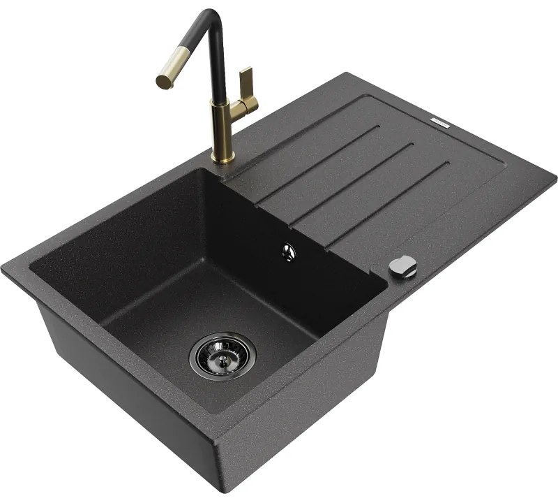 Mexen Bruno, 1-komorový granitový drez 795x495x200 mm a drezová batéria Flora, čierna škvrnitá, 6513-76-670401-57-B