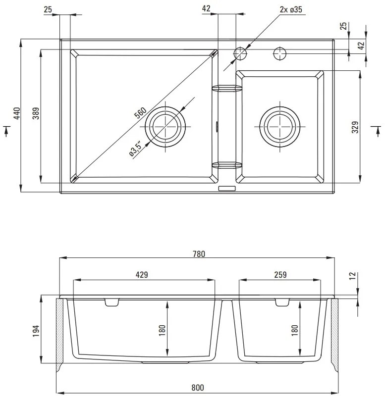 Deante Piva, 2-komorový granitový drez 780x440x194 mm, grafitová, DEA-ZQI_2203