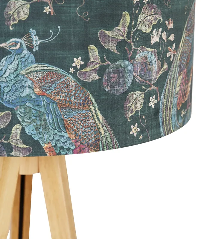 Moderná stojaca lampa drevená s látkovým tienidlom čierny páv 50 cm - Tripod Classic
