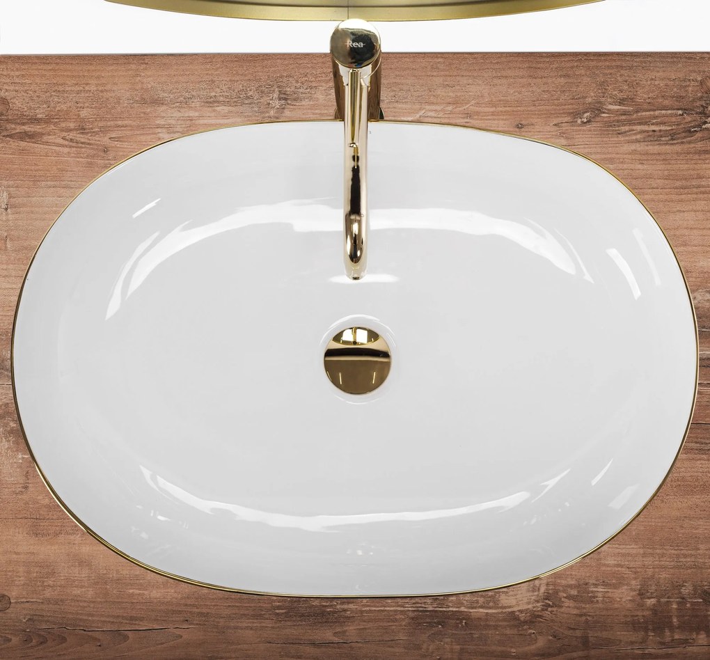 Rea Cleo Gold Edge, umývadlo na dosku 61x41 cm, biela-zlatý okraj, REA-U6211
