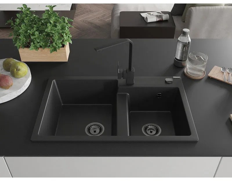 Mexen Tomas, granitový drez 800x500x190 mm, 2-komorový a čierna batéria Rita, čierna, 6516-77-670300-70-B