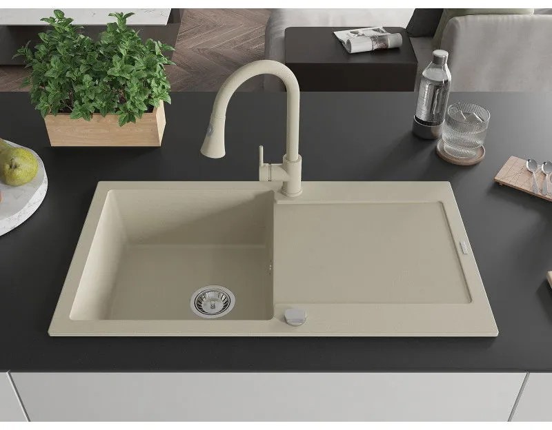 Mexen Leo, 1-komorový granitový drez 900x500x190 mm a drezová batéria Elia, béžová, 6501-69-670101-69