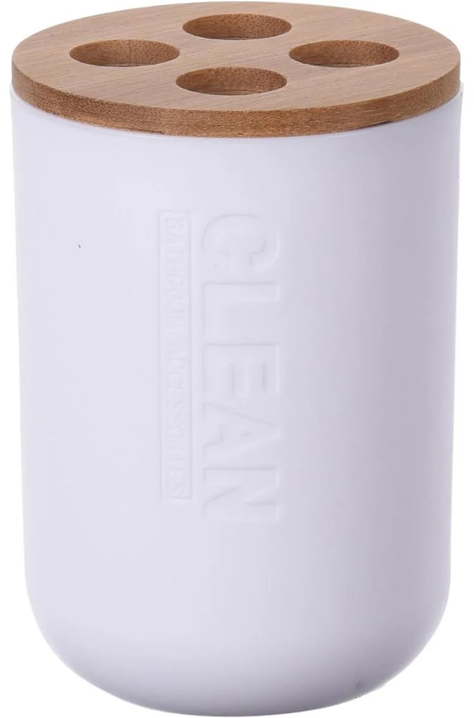 Kúpeľňový pohár na kefky White, biela/s drevenými prvkami