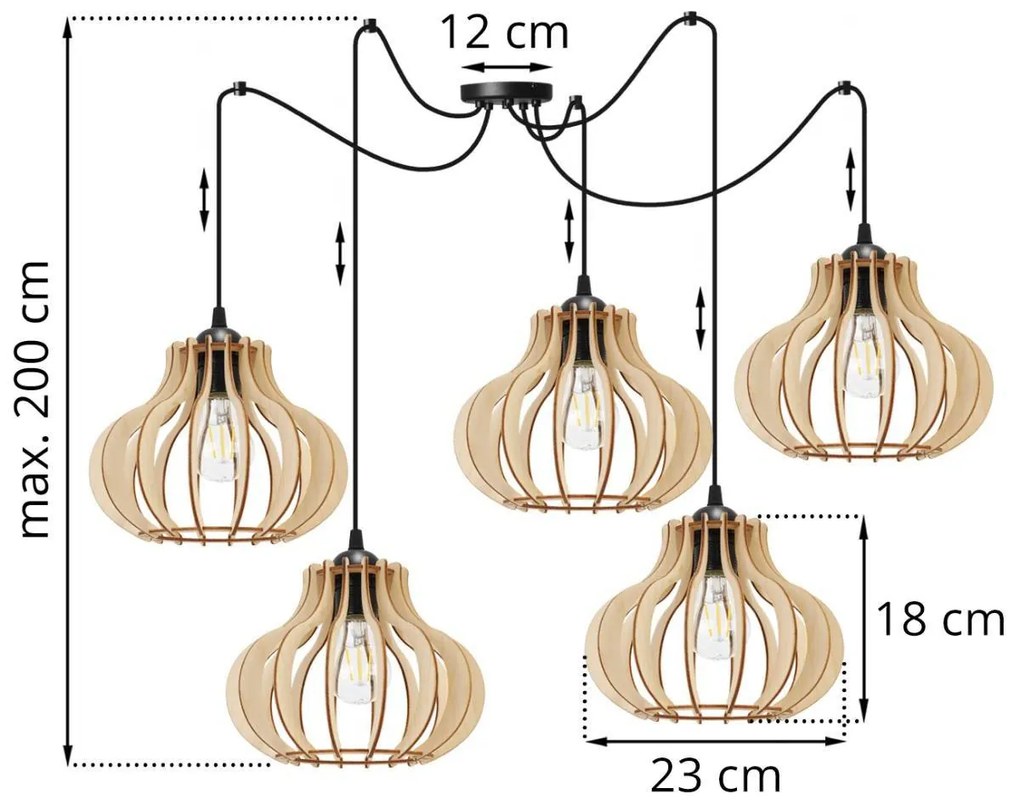 Závesné svietidlo Timber Spider 3, 5x drevené tienidlo