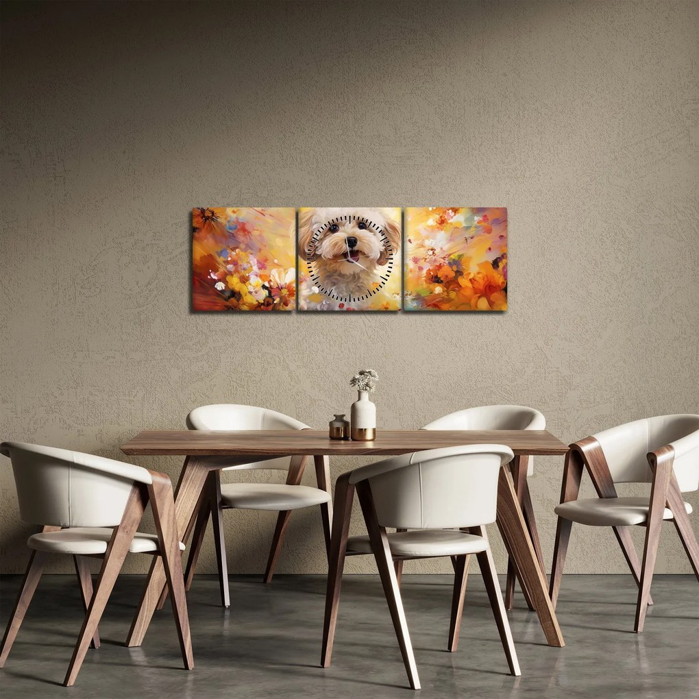 Obraz - Šťastný pes (s hodinami) (90x30 cm)