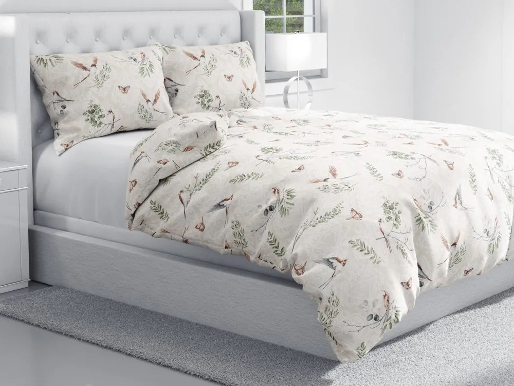 Biante Bavlnené posteľné obliečky Sandra SA-490 Lastovičky s motýlikmi na béžovom ornamente Predĺžené 140x220 a 70x90 cm