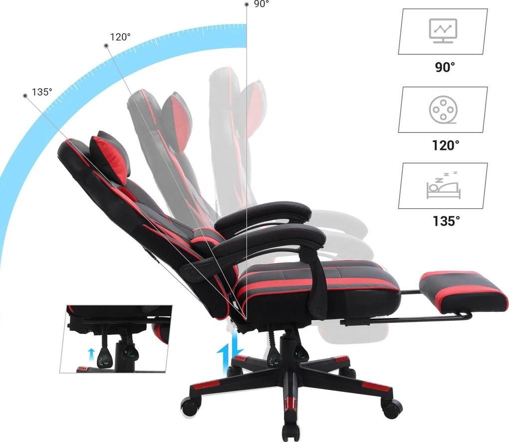 Ergonomická stolička, kancelárska stolička s opierkou nôh, čierna, červená