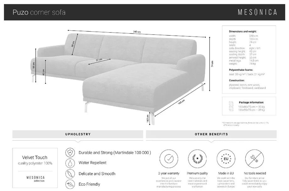 Tmavosivá zamatová rohová pohovka MESONICA Puzo, ľavý roh
