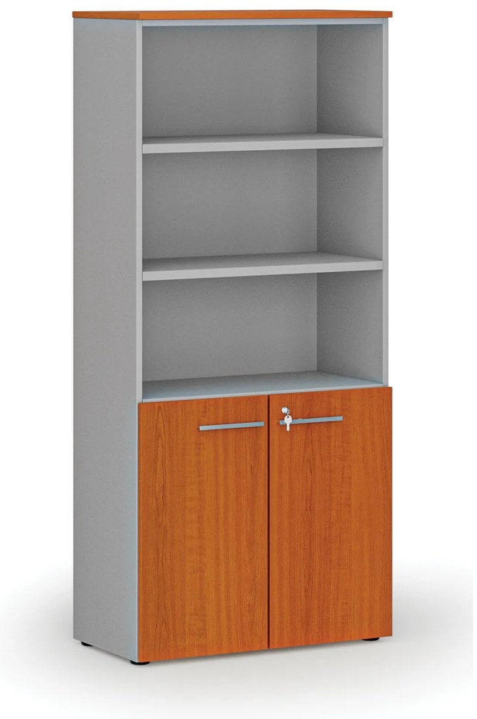 Kombinovaná kancelárska skriňa PRIMO GRAY, dvere na 2 poschodia, 800 x 420 x 1781 mm, sivá/čerešňa