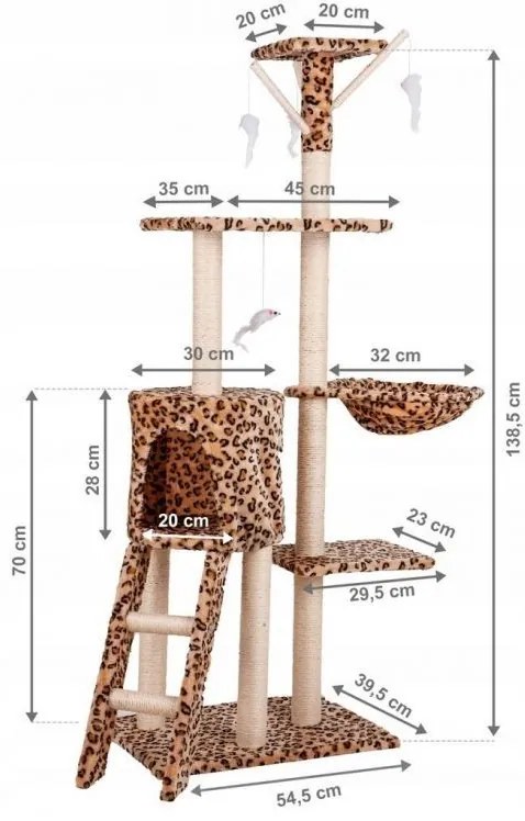 Škrabadlo a odpočívadlo s búdou pre mačky 138cm