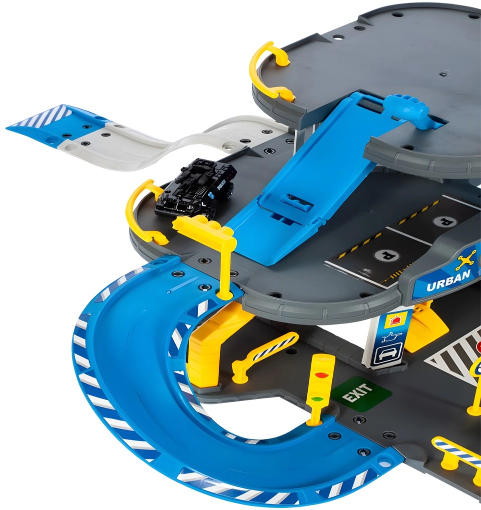 Garáž policajnej stanice, 3 poschodia s výťahom, autá + vrtuľník, 74 kusov