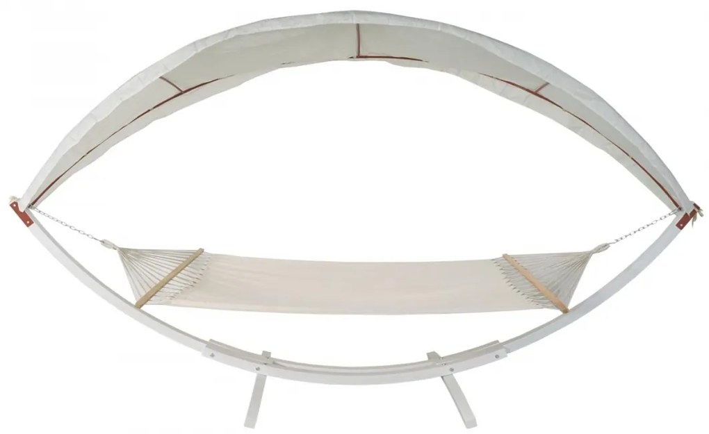 Hojdacia sieť HWC-J47 so strieškou pre 2 osoby, drevo, 420cm - biela, krémovo-biela