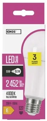 EMOS LED žiarovka CLASSIC E27, A67, 19W, 2452lm, 4000K, denná biela, biela