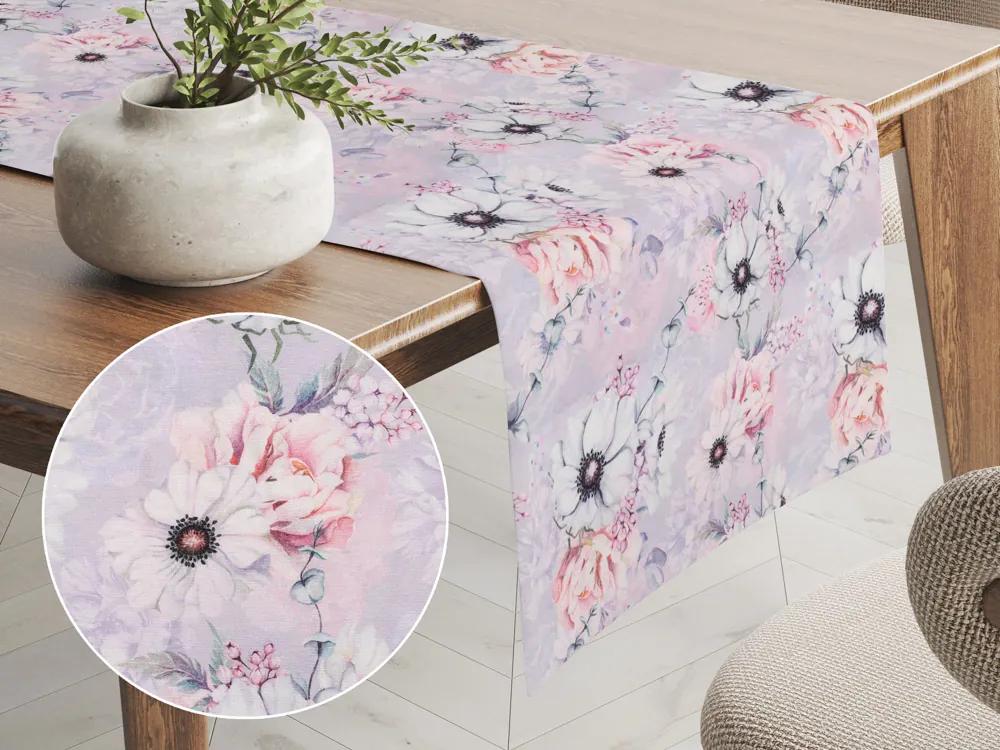 Biante Dekoračný behúň na stôl PML-068 Ružové kvety na sivofialovom 35x160 cm