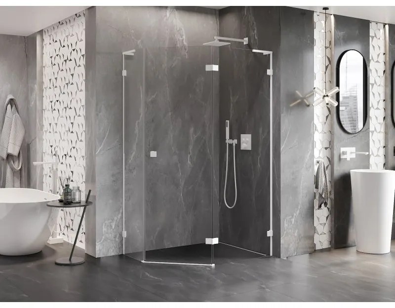 Mexen Lunar, L pravý výklopný päťuholníkový sprchový kút 90 x 80 cm, 8mm číre sklo, biely profil, 831L-090P-080L-20-00-P