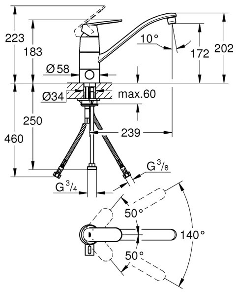 GROHE 31161000 - Drezová batéria EUROSMART COSMOPOLITAN 140° lesklý chróm